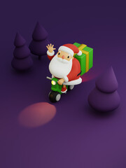 Santa Claus Riding Motorbike and Waving Hand in Night Forest. Christmas Gift Delivery 3d rendering illustration.
