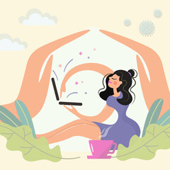 The girl is actively working on the computer. She pushes the buttons with an important look. A woman is protected in her home from the coronavirus epidemic.Vector illustration with autumn leaves.