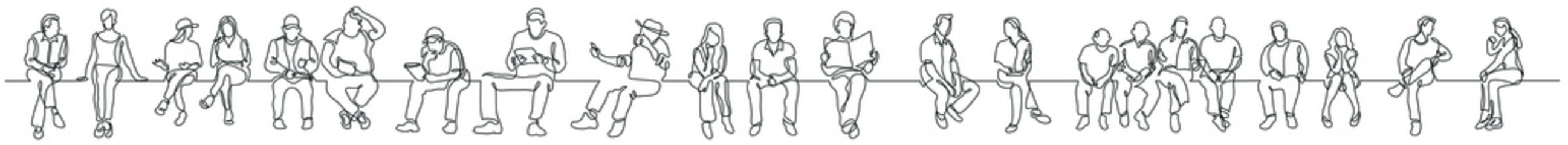 continuous line drawing of group of various diverse people sitting thinking