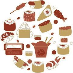 Japanese dishes laid out in the form of a circle. Flat vector illustration