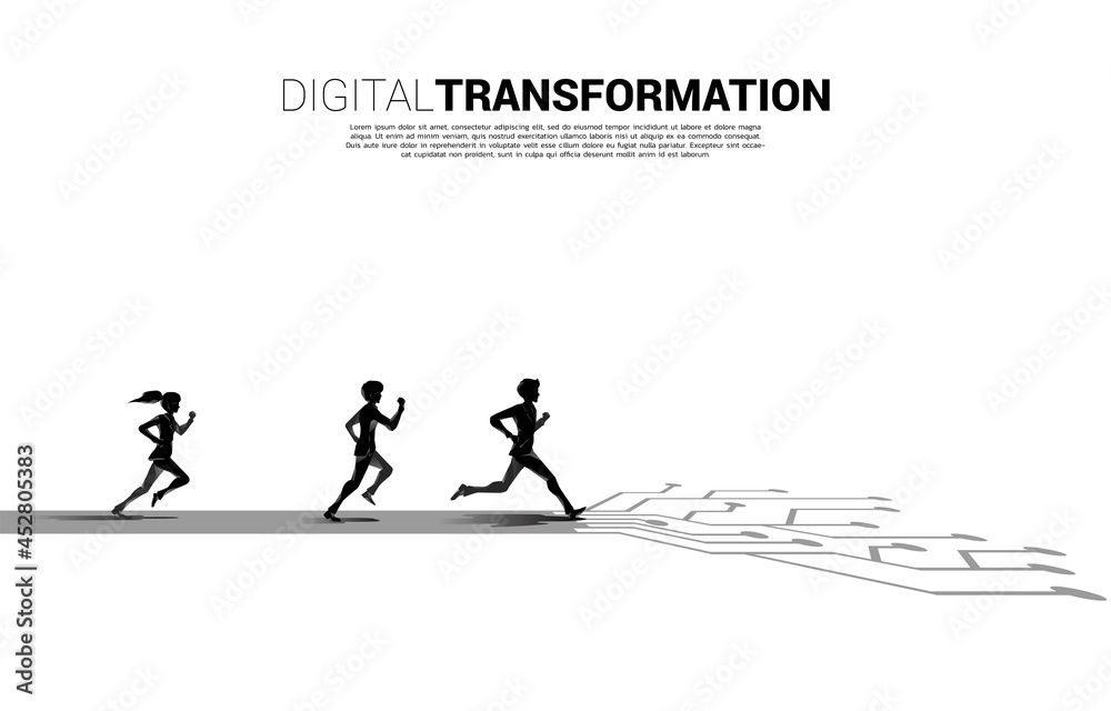 Poster silhouette of businessman and businesswoman running on the way with dot connect line circuit. concep