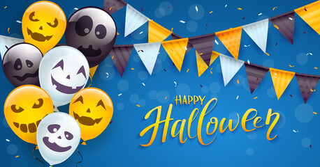 Halloween Scary Balloons and Confetti on Blue Background