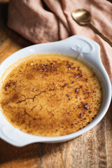 Crema Catalana Spanish dessert with sugar crust, selective focus