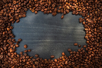 Coffee beans, top view, free space for text