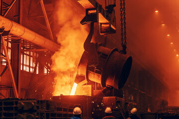 Metal casting process in foundry, liquid metal, heavy metallurgy industry.