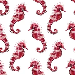 Stickers pour porte  Animaux marins Cheval de mer aquarelle peint à la main de modèle sans couture. Il est parfait pour les cartes, la conception de modèles, les cartes postales.