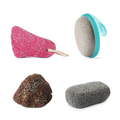 Set with different pumice stones on white background. Pedicure tool