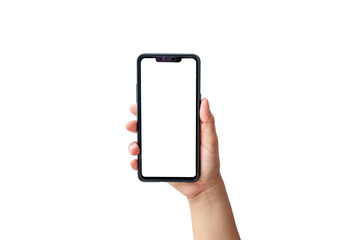 The hand is holding the white screen, the mobile phone is isolated on a white background with the clipping path.