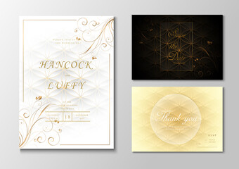  Golden wedding invitation card template. Black, white and gold background elegant with floral design