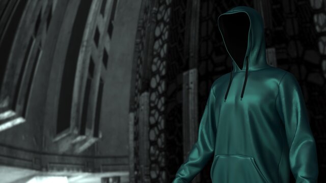 Anonymous hacker with metallic green leather hoodie in shadow under spaceship inside background. Dangerous criminal concept image. 3D CG. 3D illustration. 3D high quality rendering.