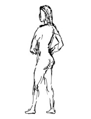 Doodle art illustration of a nude female figure standing with hands on hip side view done in continuous line drawing style in black and white on isolated background.