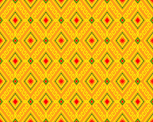 Yellow Green Tribe or Ethnic Seamless Pattern on Yellow Background in Symmetry Rhombus Geometric Bohemian Style for Clothing or Apparel,Embroidery,Fabric,Package Design