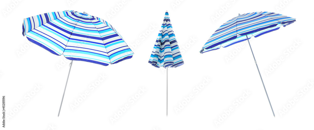 Sticker Set with striped beach umbrellas on white background. Banner design