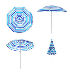 Set with striped beach umbrellas on white background
