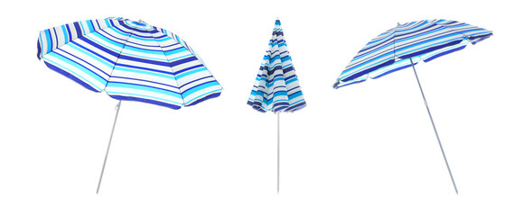 Set with striped beach umbrellas on white background. Banner design