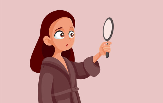 Insecure Teen Girl Looking in the Mirror Vector Cartoon