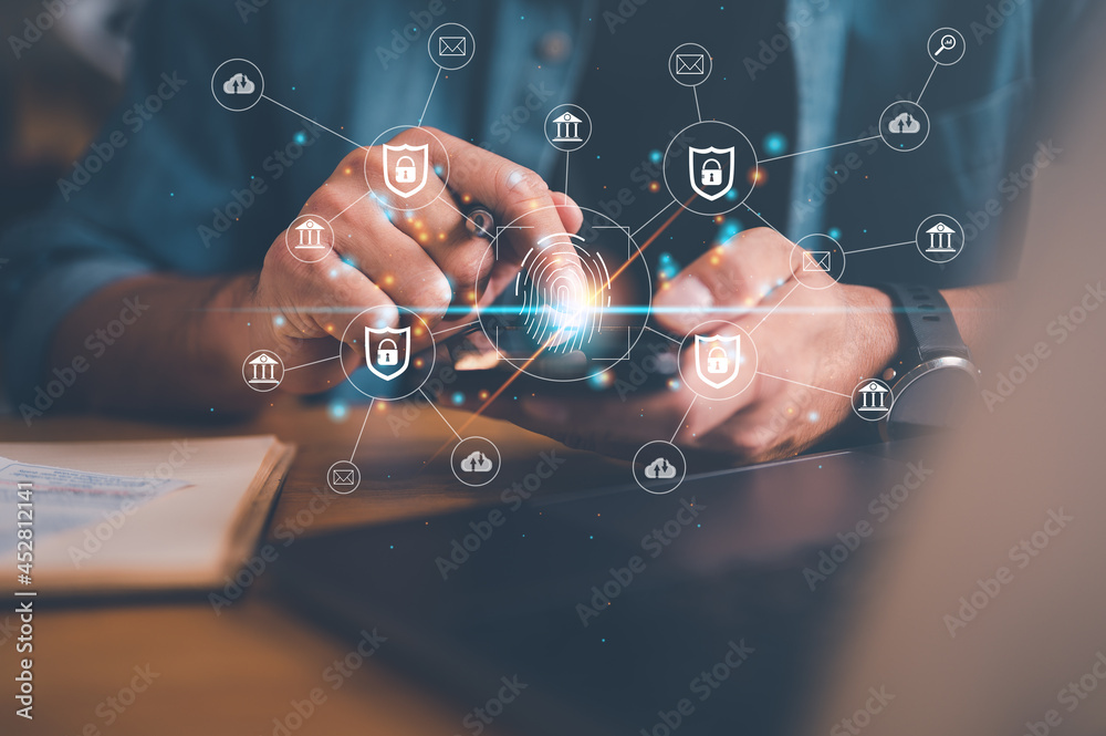 Aufkleber futuristic digital processing of biometric identification fingerprint scanner for access personal financial data. surveillance and security scanning of digital programs cyber futuristic applications.