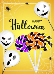 Happy halloween card. Balloons, swirl candy, spiders on a bright yellow background. Vector illustration.