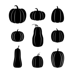Black and white silhouettes of pumpkins of different shapes. Vector elements for design.
