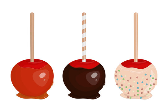 Glazed apples set. Fruit on a stick in caramel, chocolate and glaze with colored sprinkles. Vector elements isolated on white background.