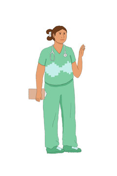 Nurse with clipboard waving hello