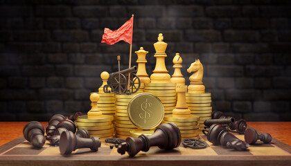 Bright chess with cannon and red victory flags on gold coins in dark brick background. Dark chess was defeated and destroyed, strewn across the chessboard. Concept business success. 3D illustration.