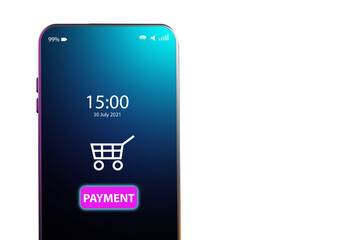 Fototapeta na wymiar Mobile payment system. Pay technology using phone. Smartphone on white background. Shopping cart on phone screen. Application using mobile payment. Mobile payment technology. Copy space. 3d images.