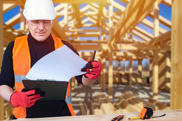 Construction engineer during work. builder next to frame house. engineer examines construction...