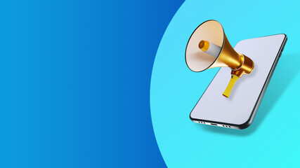 Mobile advertising. Gramophone as metaphor for promotion Gramophone on phone screen. Loudspeaker symbolizes news from mobile apps. Telephone on turquoise background. Place for advertising. 3d image