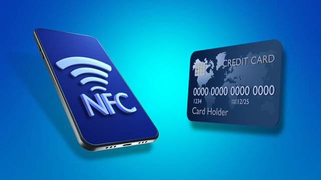 NFC payments. NFC payments with credit card. Smartphone with NFC logo. Phone with Paypass payment option. Paypass in cellphone. Metaphor of banking applications in smartphone. Fin tech. 3d image