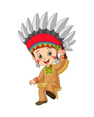 Cartoon little boy wearing american indian costume holding an axe