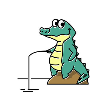 Smiling Crocodile Alligator Fishing Funny Cute Character Cartoon Mascot