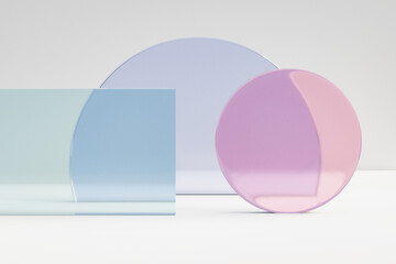 Cosmetic display product background, Geomatric shape color glass on white background. 3D rendering illustration