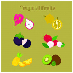 Fresh Tropical Fruits Durian Rambutan Dragon Fruit Kiwi Fruit Mangosteen Pineapple Vector Illustration