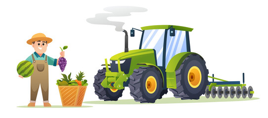 Cute boy farmer with fresh fruits and tractor in cartoon style. Harvest farmer illustration
