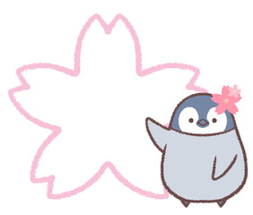 ペンギンヒナとサクラの花の線画フレーム