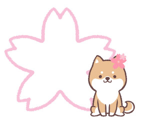 柴犬とサクラの花の線画フレーム