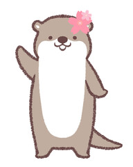 カワウソとサクラの花