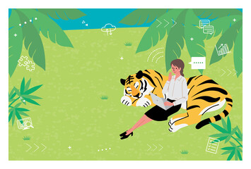 2022年　寅年　年賀状デザイン　虎とリモートワークの女性のイラスト　
