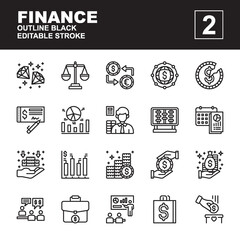 Icons Set of finance, outline black style, Contains such of diamond, accountant, business, consultation, charity, crisis, global economy, loan, and more, you can use for web, app and more