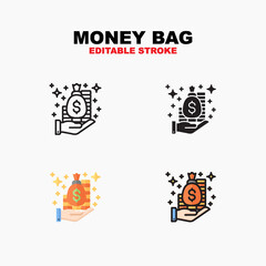 Outline, glyph solid black, flat color and filled line color, icon symbol set, money bag concept, Isolated vector design, editable stroke