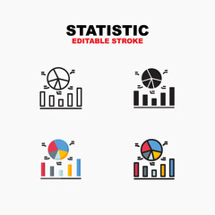 Outline, glyph solid black, flat color and filled line color, icon symbol set, statistic concept, Isolated vector design, editable stroke