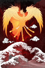 Abstract Art Japanese Ferocious Flying Phoenix Floating on Wave with Stripe Terrain with Gradient Sun with Radiant Behind on Japanese Bush Repeat Pattern Total Dark Brown Background Vector Graphics