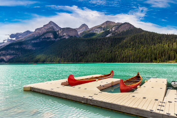 Canoes on Lake Louise, Banff