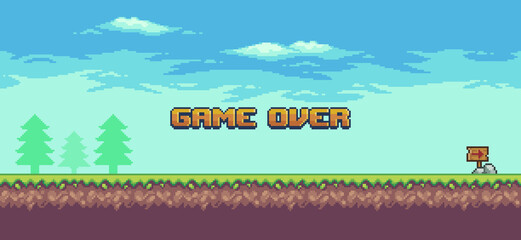 Pixel art landscape 8bit game. game over background with grass, trees and clouds  © Kaleb