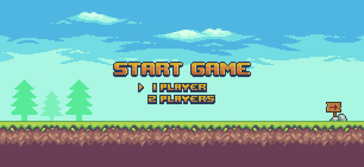 Pixel art 8bit game home screen. Landscape game background with grass, trees and clouds  © Kaleb