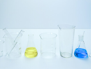 Reagents Beakers. Flasks with reagents. Biological laboratory. The concept is chemistry. Laboratory equipment, copy space