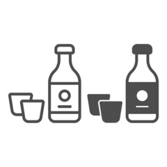 Sake bottle and two glasses, alcoholic beverage line and solid icon, asian food concept, drink vector sign on white background, outline style icon for mobile concept and web design. Vector graphics.