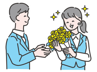 花束をプレゼントされる女性社員 イメージイラスト 素材