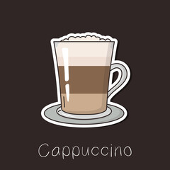Coffee Cappuccino with with whipped milk in a glass cup. Flat vector illustration for cafe menu, sticker, icons, card, poster, tag, scrapbooking.